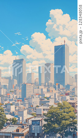 夏の都市風景と広がる空、高層ビル群と青い空が織りなす都会の情景、シティポップ的世界観を感じる 128348058