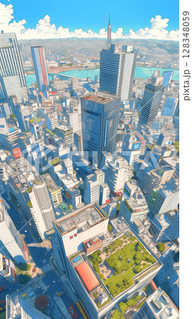 夏の都市風景と広がる空、高層ビル群と青い空が織りなす都会の情景、シティポップ的世界観を感じる 128348059