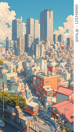 夏の都市風景と広がる空、高層ビル群と青い空が織りなす都会の情景、シティポップ的世界観を感じる 128348060