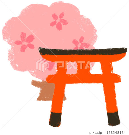 クレヨンタッチ　桜の季節の神社　手描きイラスト 128348184