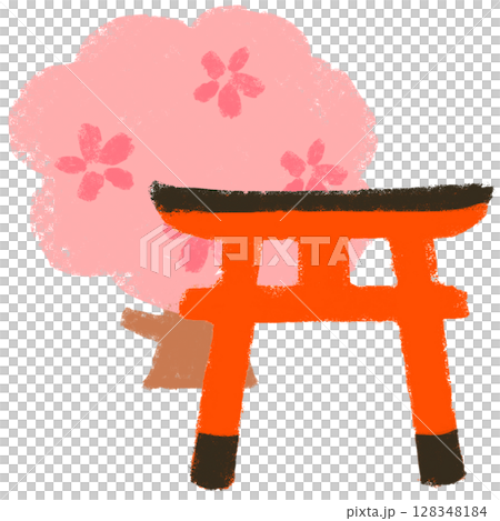 蠟筆觸：櫻花季的神社，手繪插畫 128348184