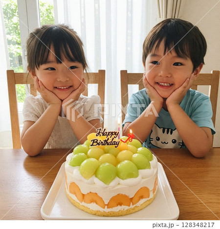 フルーツいっぱいのバースデーケーキと笑顔の子供たち 男の子と女の子 フルーツいっぱいのバースデーケーキと笑顔の子供たち 男の子と女の子 128348217