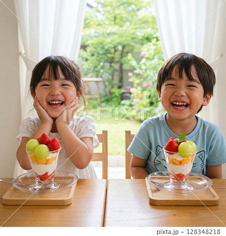 フルーツいっぱいのバースデーケーキと笑顔の子供たち 男の子と女の子 128348218