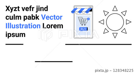 Smartphone displaying a blue and white shopping cart app with Buy button, textual elements, sun icon. Ideal for e-commerce, mobile apps, shopping websites, online stores, digital marketing, retail Smartphone displaying a blue and white shopping cart app with Buy button, textual elements, sun icon. Ideal for e-commerce, mobile apps, shopping websites, online stores, digital marketing, retail 128348225