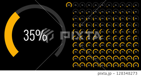 Set of circular sector arc percentage diagrams meters progress bar from 0 to 100 ready-to-use for web design, user interface UI or infographic - indicator with yellow 128348273