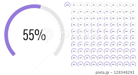 Set of circular sector arc percentage diagrams meters progress bar from 0 to 100 ready-to-use for web design, user interface UI or infographic - indicator with purple 128348291