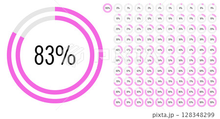 Set of circle percentage progress bar diagrams meters from 0 to 100 ready-to-use for web design, user interface UI or infographic - indicator with pink 128348299