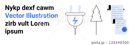 Minimalist electric plug, evergreen tree, and documents with blue checkmarks. Ideal for sustainability, energy, documentation, approval, business, nature, and environmental themes. Landing page Minimalist electric plug, evergreen tree, and documents with blue checkmarks. Ideal for sustainability, energy, documentation, approval, business, nature, and environmental themes. Landing page 128348300