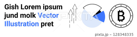 Bitcoin symbol, pie chart segments in blue and black, upward arrows. Ideal for financial analysis, cryptocurrency trends, growth visualization, investment opportunities, digital economy, fintech 128348335