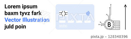 Blue credit card with chip and wireless signal, Bitcoin symbol connected to technical structure, upward arrow. Ideal for finance, technology, banking, cryptocurrency, investment, growth analysis Blue credit card with chip and wireless signal, Bitcoin symbol connected to technical structure, upward arrow. Ideal for finance, technology, banking, cryptocurrency, investment, growth analysis 128348396