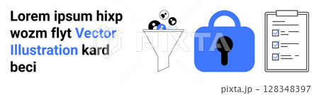 Funnel separating data, blue padlock indicating security, checklist on clipboard. Ideal for data privacy, cybersecurity, compliance, governance, filtering processes, security systems, productivity 128348397