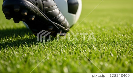 Close up of Soccer Cleat on Vibrant Green Grass with Football Soccer Ball 128348409