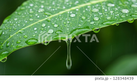 Macro Shot of Water Droplets Dripping from Vibrant Green Leaf with Blurred Background 128348439