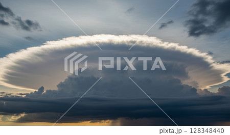Massive Supercell Thunderstorm Cloud Formation over Flat Landscape at Sunset 128348440