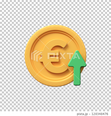 Golden euro coin with down arrow. Economy, finance, money, investment symbol. 3d currency decline icon. Golden euro coin with down arrow. Economy, finance, money, investment symbol. 3d currency decline icon. 128348476