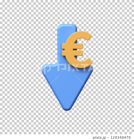Golden euro coin with down arrow. Economy, finance, money, investment symbol. 3d currency decline icon. 128348478