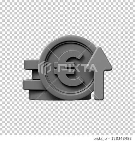 Euro appreciation icon. 3d icon of black euro sign with up arrow 128348488