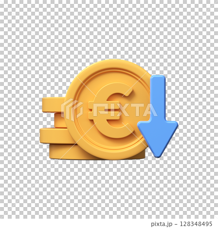 Cost reduction icon. Euro coins with down arrow. 3d render 128348495
