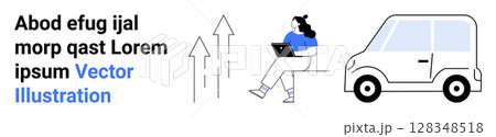 Woman working on a laptop, arrows depicting growth, car beside her, placeholder text suggesting design context. Ideal for business concepts, remote work, progress, technology, mobility 128348518