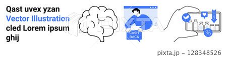 Brain outline, person holding cashback sign in browser, hand scanning products with mobile app. Ideal for educational content, tech blogs, finance apps, marketing campaigns, healthcare materials Brain outline, person holding cashback sign in browser, hand scanning products with mobile app. Ideal for educational content, tech blogs, finance apps, marketing campaigns, healthcare materials 128348526