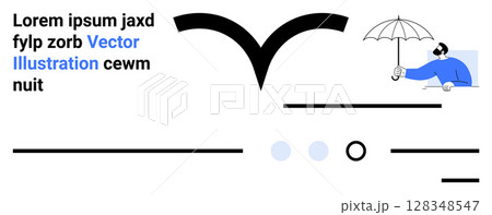 Text elements, umbrella, person holding umbrella, abstract bird shape, straight lines, circles, and blue accents. Ideal for promotional materials, branding, editorial, digital media advertisement Text elements, umbrella, person holding umbrella, abstract bird shape, straight lines, circles, and blue accents. Ideal for promotional materials, branding, editorial, digital media advertisement 128348547