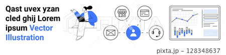 Person working on a laptop, interconnected icons for shopping, credit card, email, user, and headset, analytics dashboard. Ideal for business, communication, data analysis, customer support Person working on a laptop, interconnected icons for shopping, credit card, email, user, and headset, analytics dashboard. Ideal for business, communication, data analysis, customer support 128348637