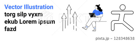 Woman sitting with a laptop, three upward-pointing arrows, abstract running figure, and lorem ipsum text. Ideal for productivity, remote work, growth, success, fitness, motivation, landing page Woman sitting with a laptop, three upward-pointing arrows, abstract running figure, and lorem ipsum text. Ideal for productivity, remote work, growth, success, fitness, motivation, landing page 128348638