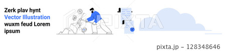 Businessman breaking rocks with dollar and bitcoin symbols, accompanied by chatboxes, cloud. Ideal for finance, cryptocurrency, data analysis, cloud services, business strategy, communication Businessman breaking rocks with dollar and bitcoin symbols, accompanied by chatboxes, cloud. Ideal for finance, cryptocurrency, data analysis, cloud services, business strategy, communication 128348646