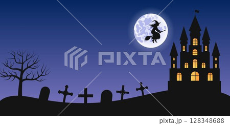 Halloween scary vector background. Cartoon illustration of creepy cemetery and haunted house at night. Moon and witch on broom. 128348688