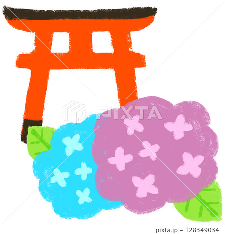 クレヨンタッチ　紫陽花が名所の神社　手描きイラスト 128349034