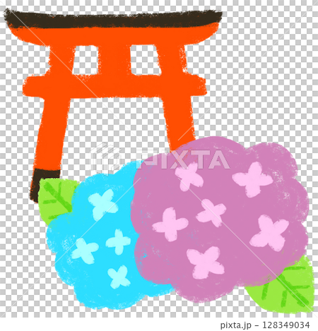 クレヨンタッチ　紫陽花が名所の神社　手描きイラスト 128349034