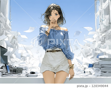 窓を開けたら書類が散乱して驚く女性のイラスト素材 128349044