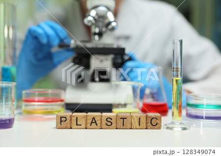 Lab analysis of plastic via research methods, highlighting sustainability and future innovation 128349074