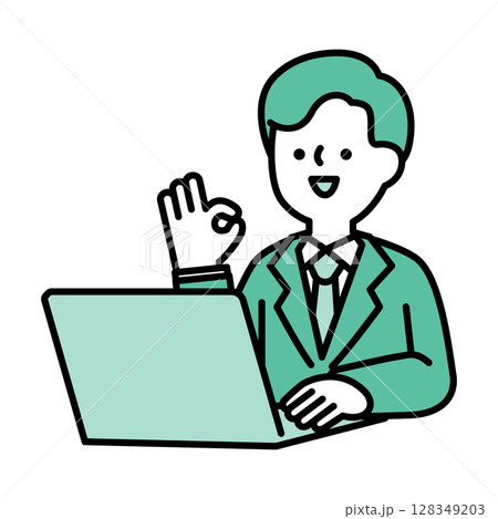 パソコンに向かってポジティブなポーズをとる笑顔のビジネスパーソン男性のイラスト素材 128349203
