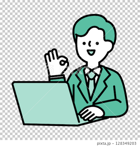 パソコンに向かってポジティブなポーズをとる笑顔のビジネスパーソン男性のイラスト素材 128349203