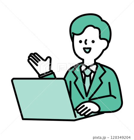 オンラインで会話するスーツのビジネスパーソン男性のイラスト素材 128349204
