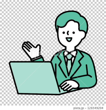 オンラインで会話するスーツのビジネスパーソン男性のイラスト素材 128349204