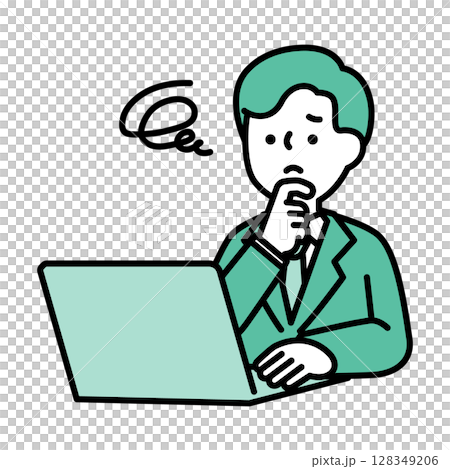 Illustration material of a male business person who is worried while operating a computer 128349206