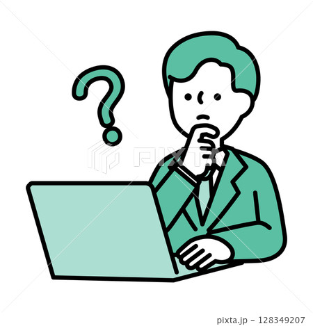 パソコンを操作しながら悩んでいるビジネスパーソン男性のイラスト素材 128349207