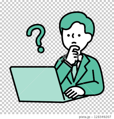 Illustration material of a male business person who is worried while operating a computer 128349207