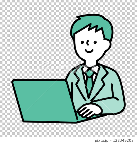 Illustration material of a male business person in a suit working on a laptop 128349208
