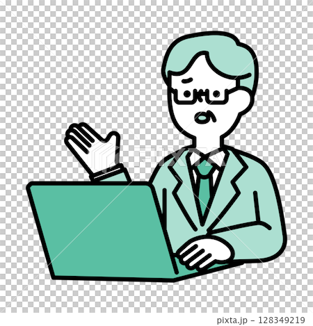 Image illustration of a middle-aged man with a troubled face having an online conversation 128349219