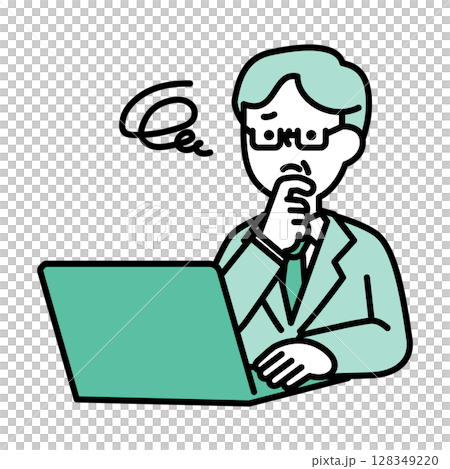 Illustration material of a middle-aged man who is worried while operating a computer 128349220