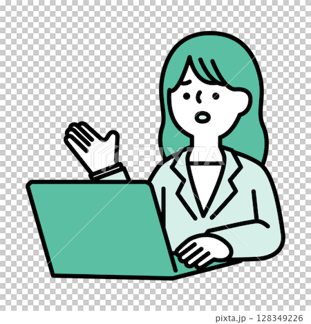 Image of a businesswoman with a troubled face having an online conversation. Illustration material Image of a businesswoman with a troubled face having an online conversation. Illustration material 128349226