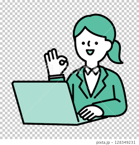Illustration material of a smiling business woman posing positively at a computer 128349231