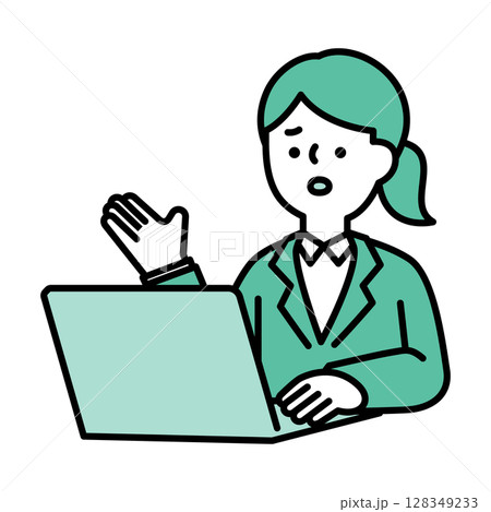 オンラインで会話をする困り顔のビジネスパーソン女性のイメージイラスト素材 128349233