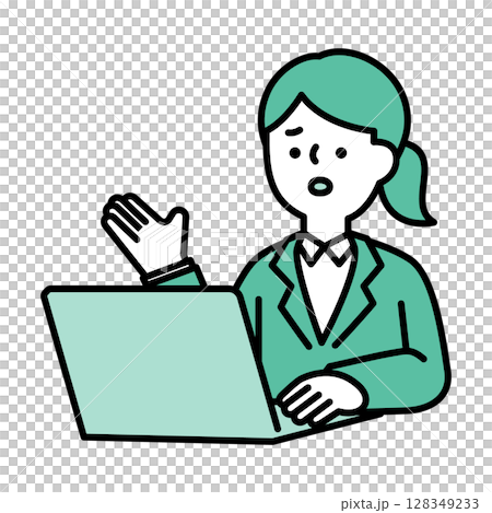 オンラインで会話をする困り顔のビジネスパーソン女性のイメージイラスト素材 128349233