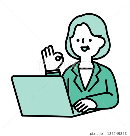 パソコンに向かってポジティブなポーズをとる笑顔のミドル・シニア世代女性のイラスト素材 128349238