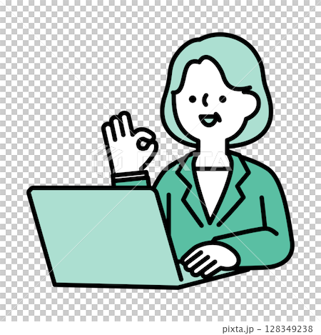 パソコンに向かってポジティブなポーズをとる笑顔のミドル・シニア世代女性のイラスト素材 128349238