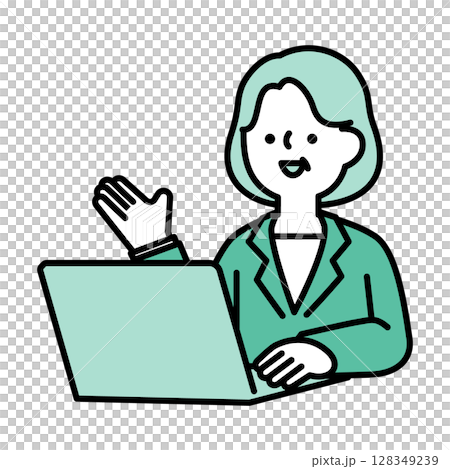 オンラインで会話するスーツのミドル・シニア世代女性のイラスト素材 オンラインで会話するスーツのミドル・シニア世代女性のイラスト素材 128349239